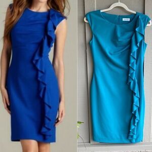 NWT Calvin Klein Sleeveless Side Ruffle Sheath  Dress in Turquoise Teal Sz: 6